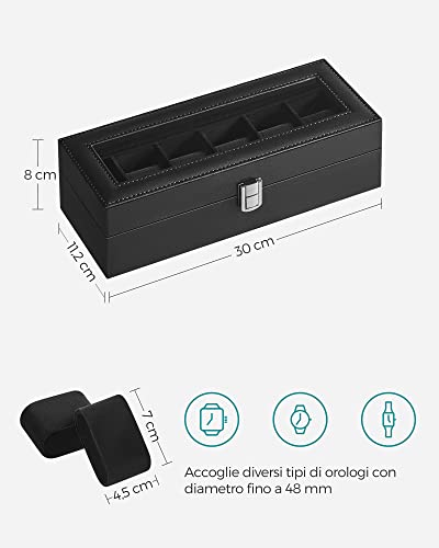 Detalle 2 de SONGMICS Porta Orologi a 6 Posti con Coperchio in Vetro – Scatola Portaorologi in PU Nera JWB06B01