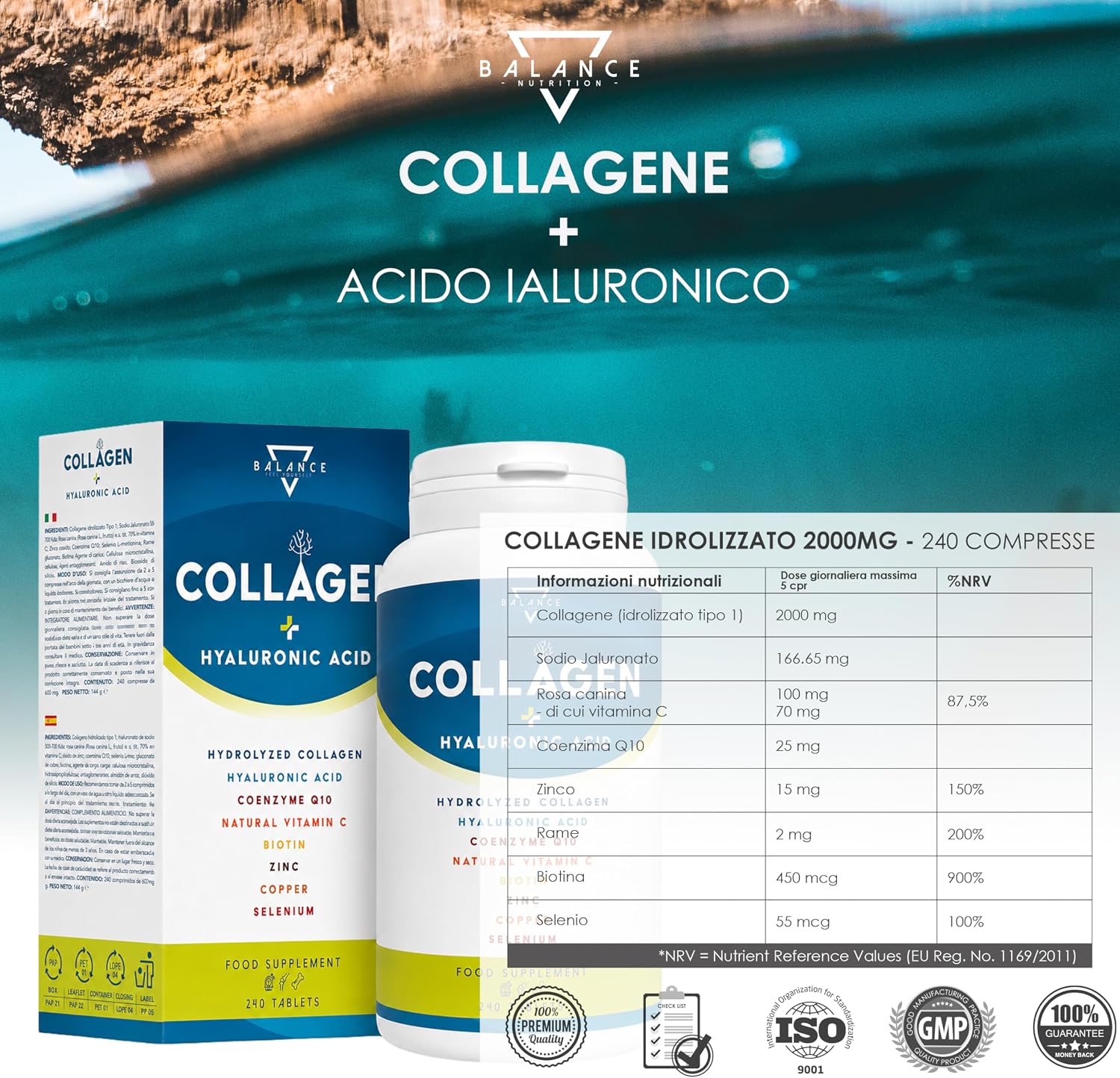Detalle de COLLAGENE IDROLIZZATO 2000MG - 240 COMPRESSE: Collagene di Tipo 1, Acido Ialuronico e micronutrienti per la pelle e i tessuti