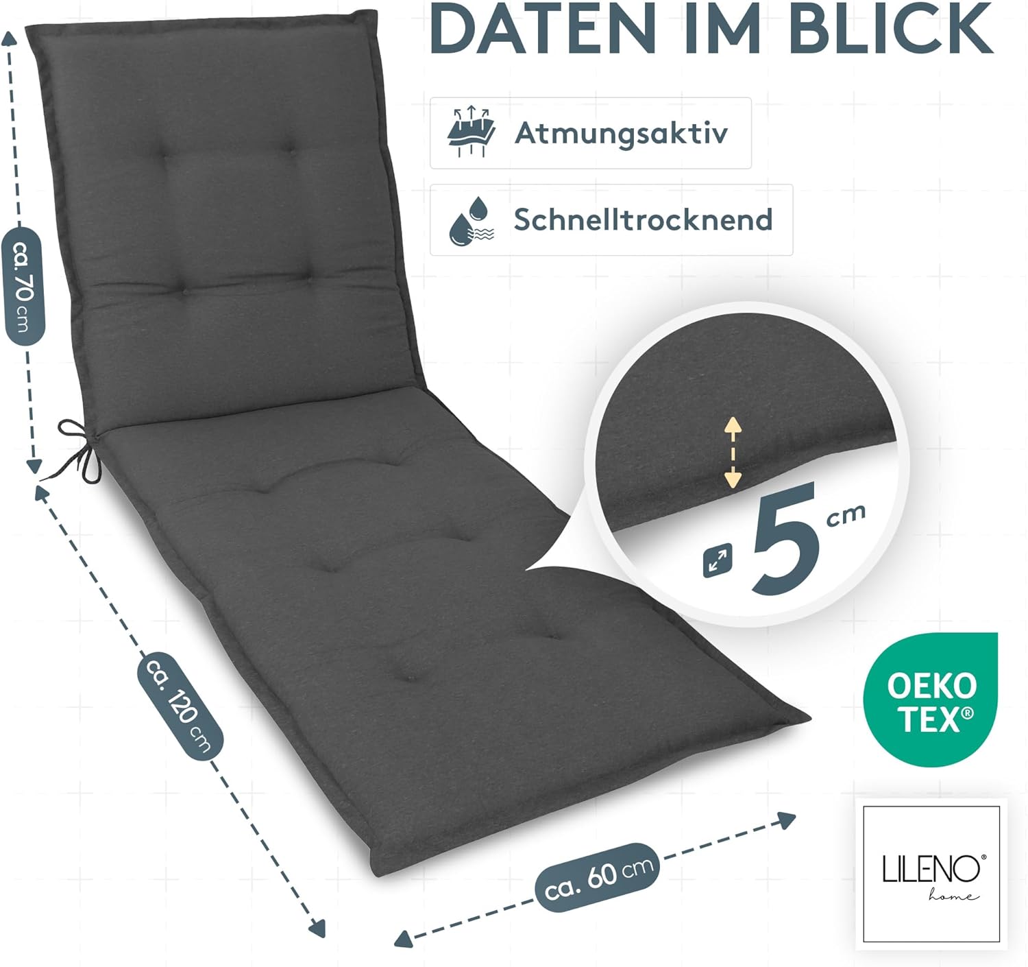 Thumbnail 5 de LILENO HOME Sonnenliege Auflage im 1-Set (Rollliege) – Uni Anthrazit, UV-geschützt