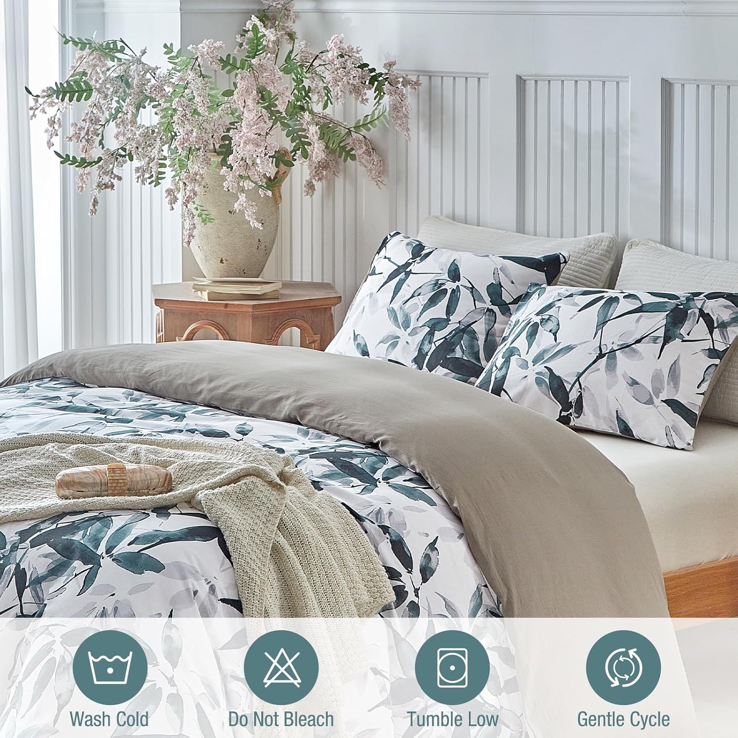 Thumbnail 6 de Lekesky 100% Cotton Duvet Cover Set Double – Bamboo Leaves Print, 200 Thread Count (1 Quilt Cover + 2 Pillowcases)