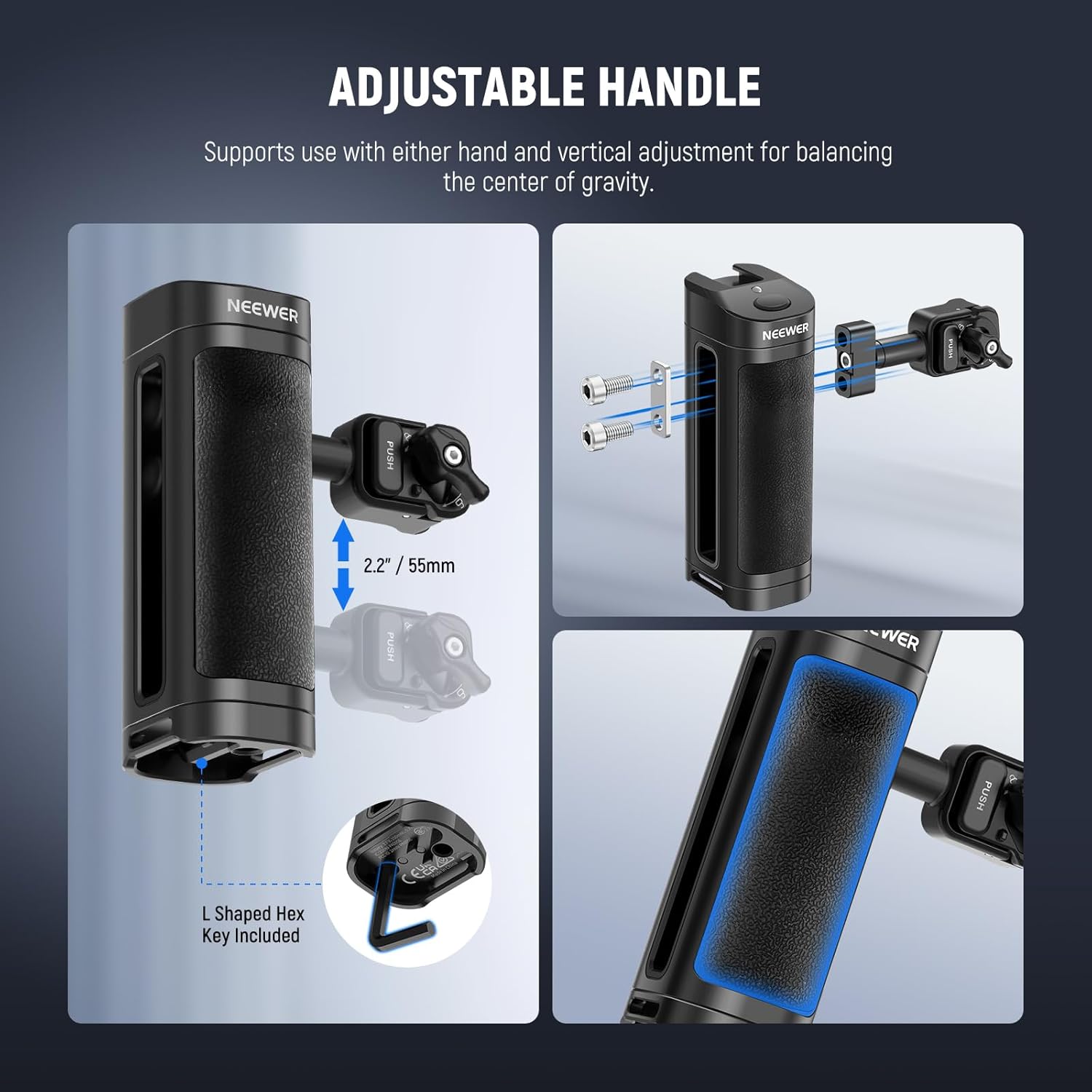 Thumbnail 4 de NEEWER Quick Release Side Handle with Bluetooth Remote Shutter – Contoured Grip for iPhone/Android Phone Cages (PA005E PRO)