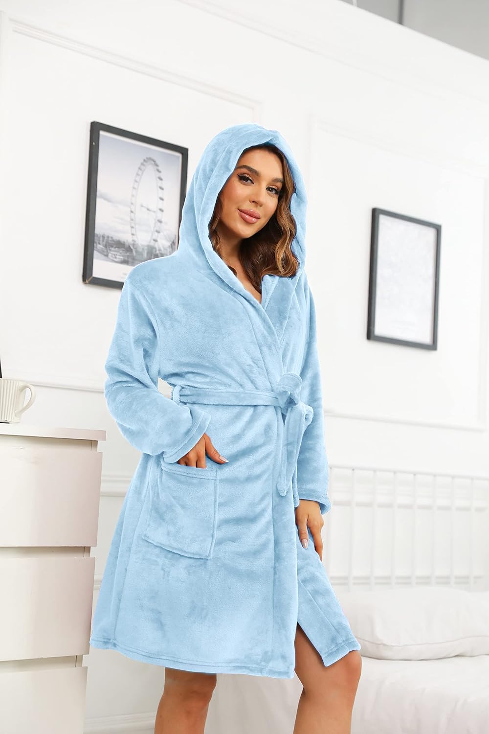 Detalle de U2SKIIN Damen-Bademantel mit Kapuze kurz flauschig – plüschig, weich und warm