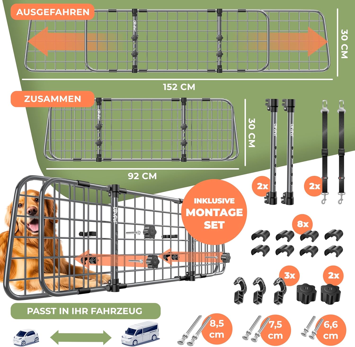 Thumbnail 6 de LOVPET Hundegitter Auto (Autoschutzgitter/Trenngitter) verstellbar 30 x 91–153 cm inkl. 2 Sicherheitsgurte, Anthrazit