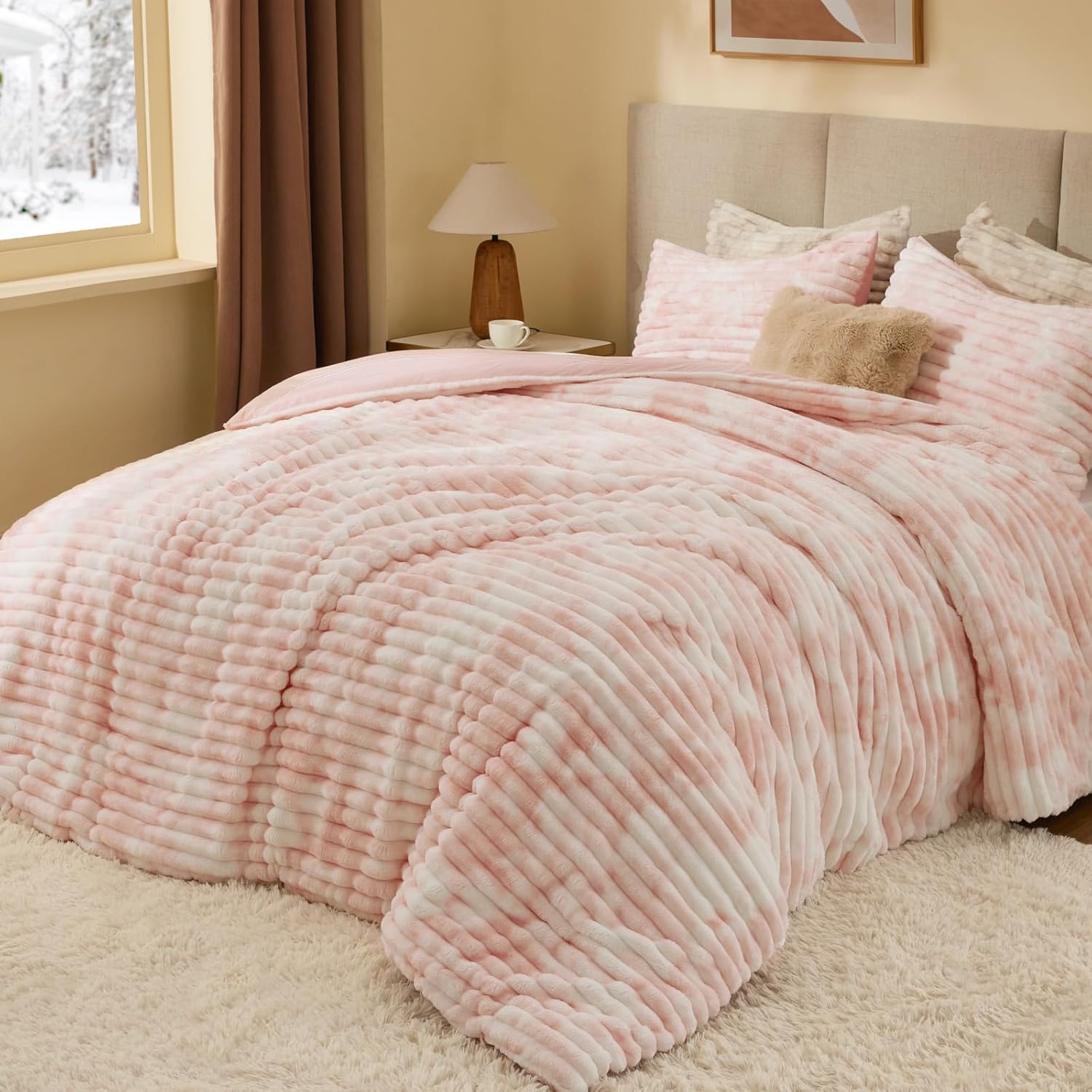 Thumbnail 1 de BEDELITE Fleece Twin Comforter Set — Super Soft, Warm Fluffy Pink & White Bedding
