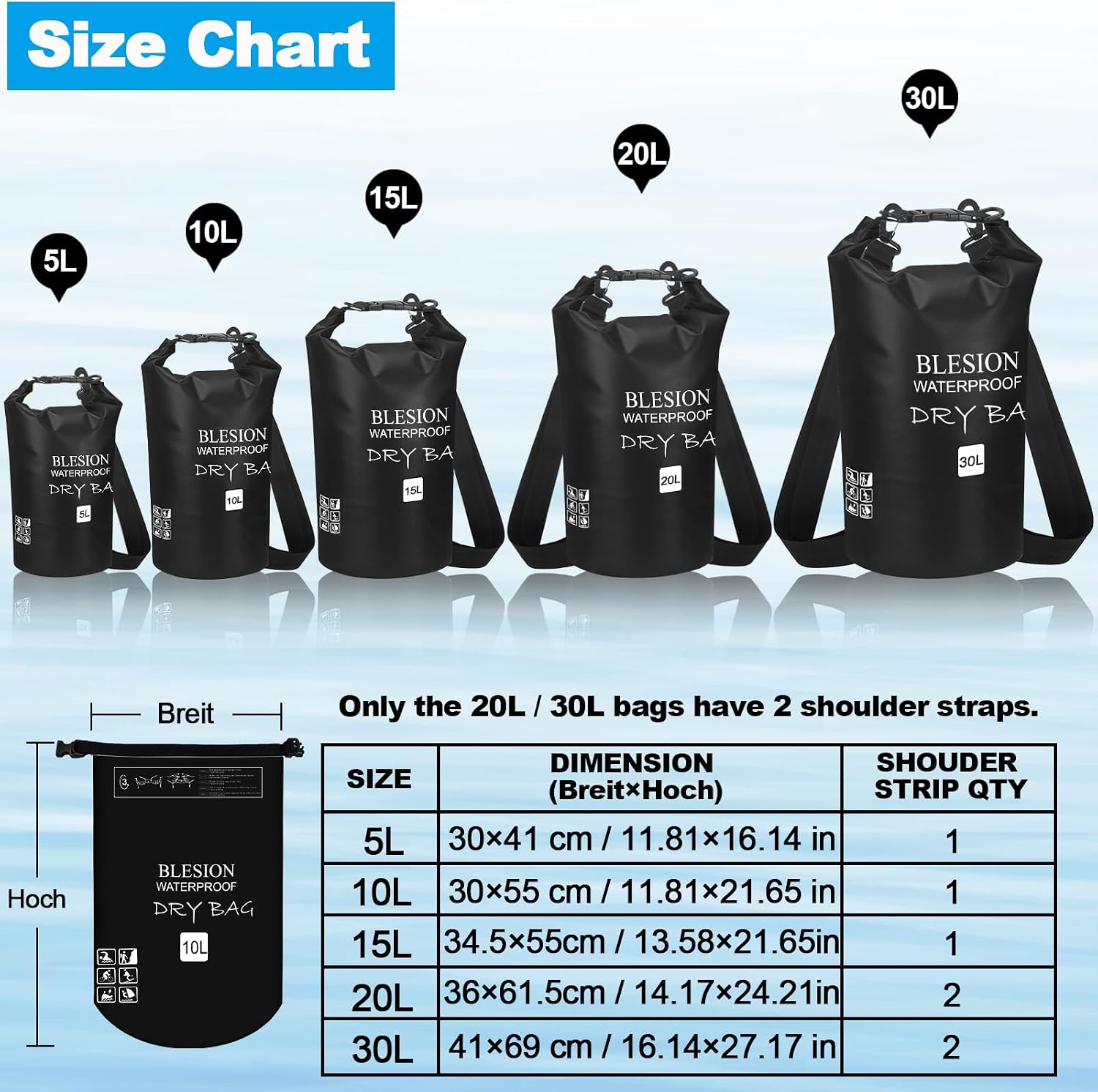 Detalle de BLESION Dry Bag wasserdichte Tasche 5–30 L mit verstellbarem Schultergurt für Kajak, Angeln, Schwimmen & Reisen