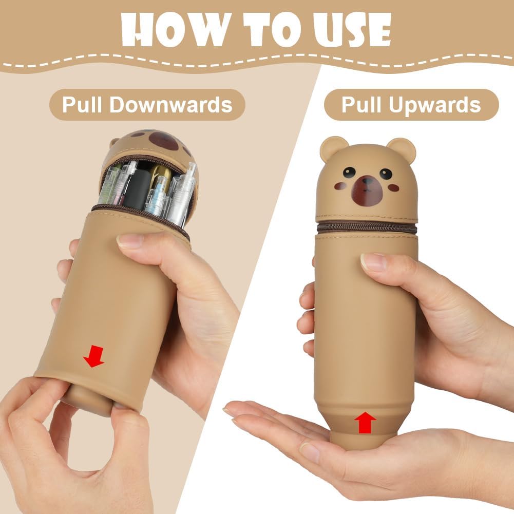 Detalle de Vicloon Brown Bear Silicone Pencil Case, Retractable 2-in-1 Pen Holder