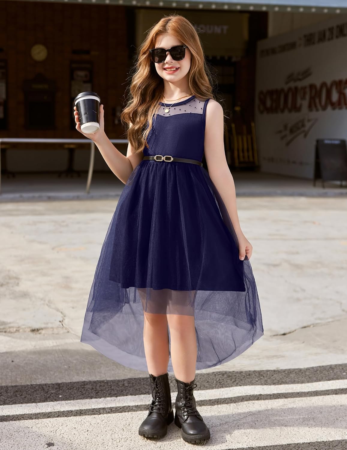 Thumbnail 6 de Arshiner Robe sans manches pour fille – Robe d'été en tulle avec ceinture et ourlet asymétrique (6–15 ans)