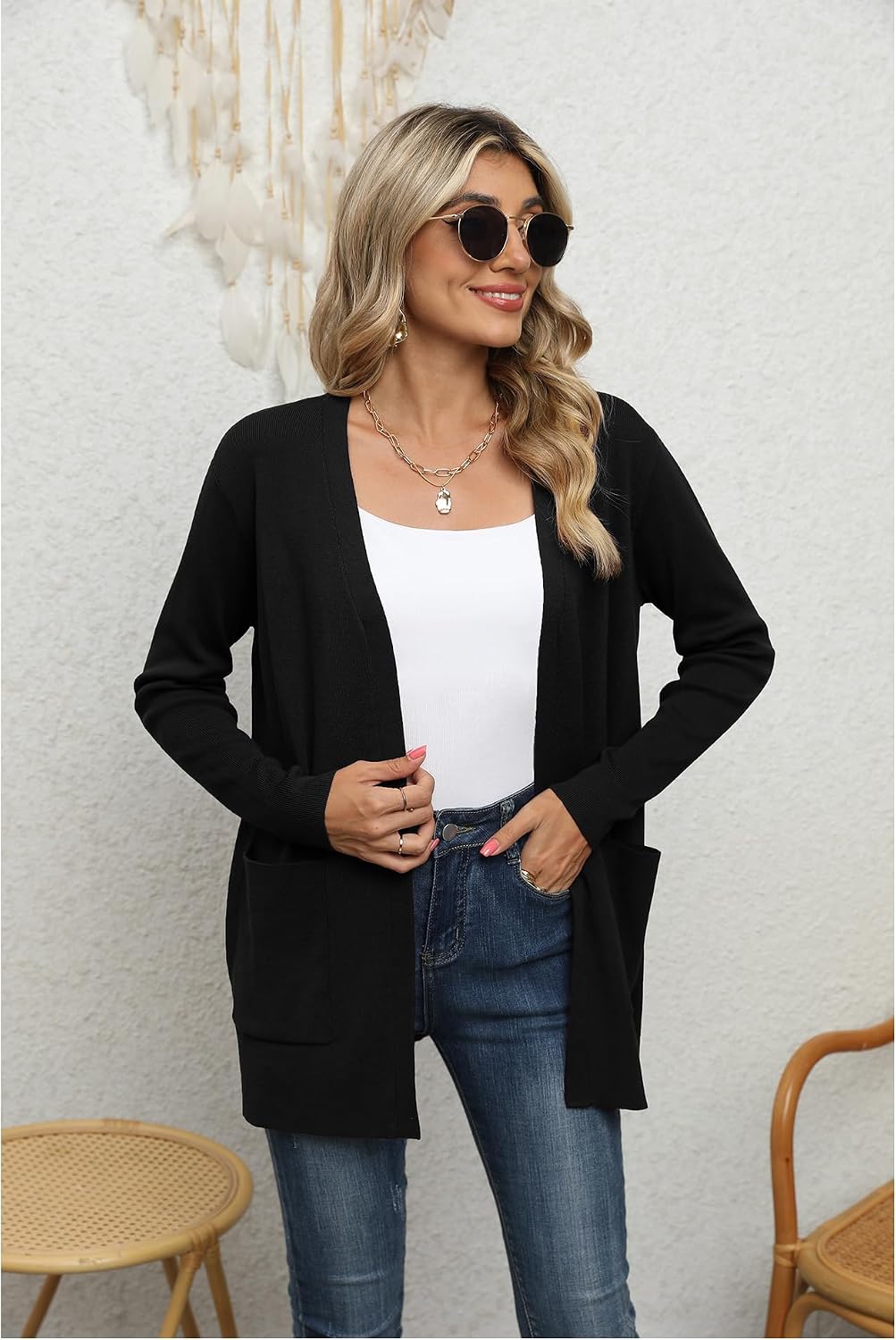 Detalle de Yommay Damen-Strickjacke mit Taschen – offene V-Form, leicht & locker