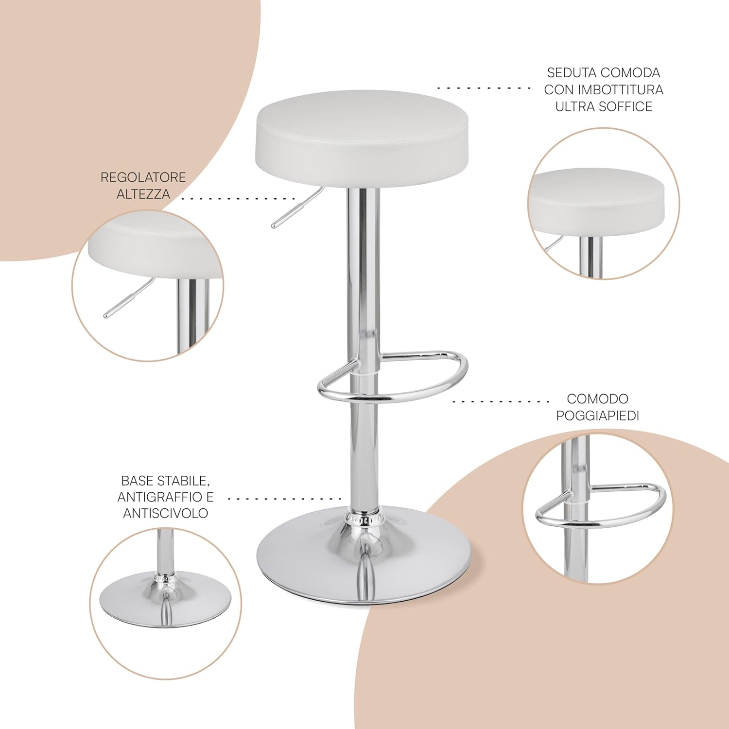 Detalle 2 de Baroni Home Sgabello Bar Girevole con Altezza Regolabile – Bianco, 59–79 cm, Base Cromata