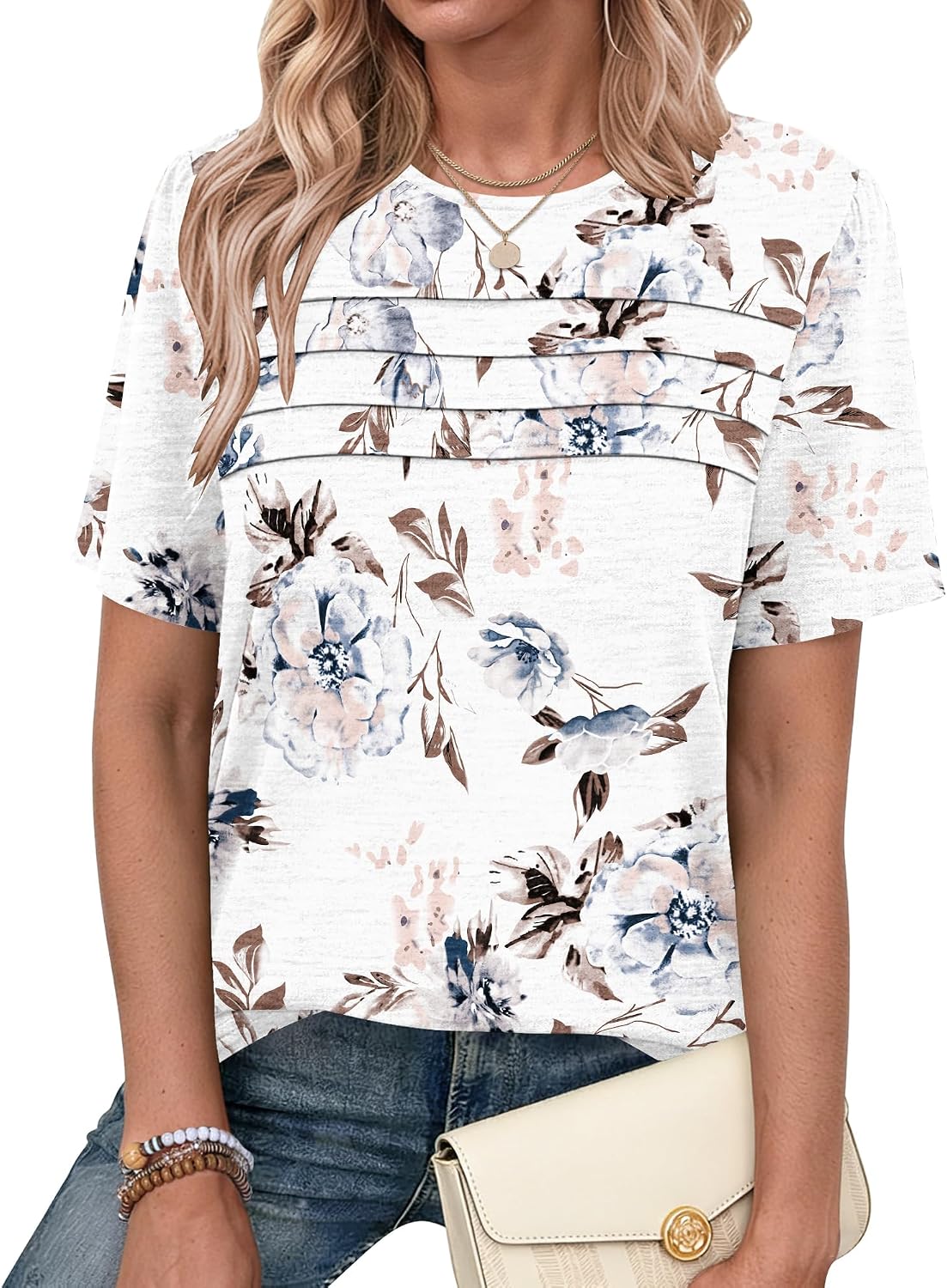 Detalle de PLMOKEN Magliette Donna Manica Corta Estive a Pieghe – Camicia Casual con Collo Rotondo
