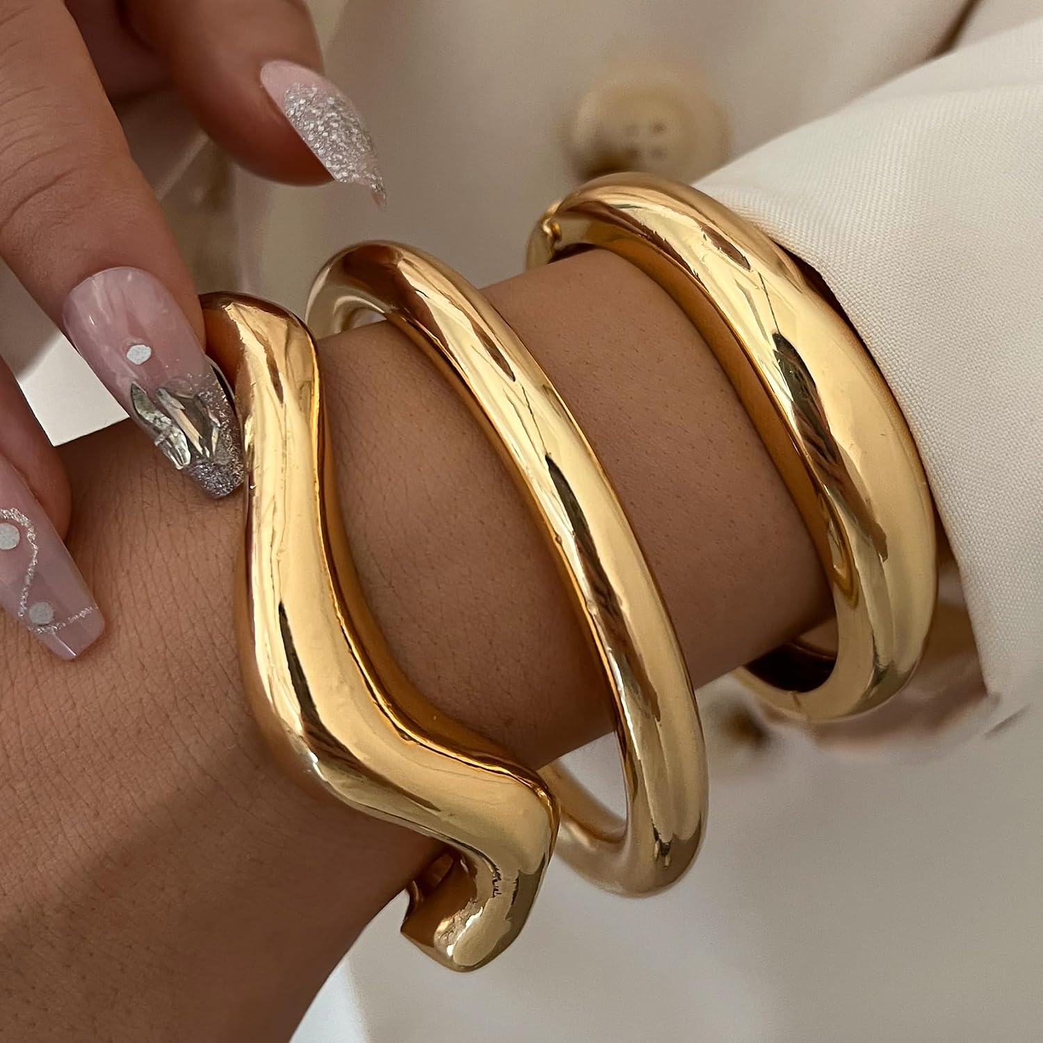 Detalle de Gold Bangle Bracelet Set, 14K Gold Color