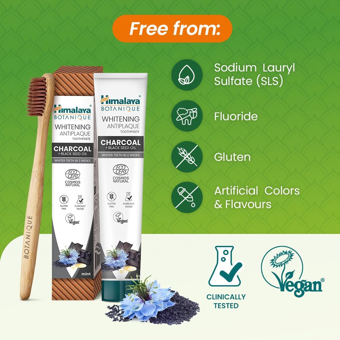 Detalle 2 de Dentifrice Himalaya Botanique Charbon + Huile de Graines Noires – Cosmos Natural, 75 ml, sans fluorure