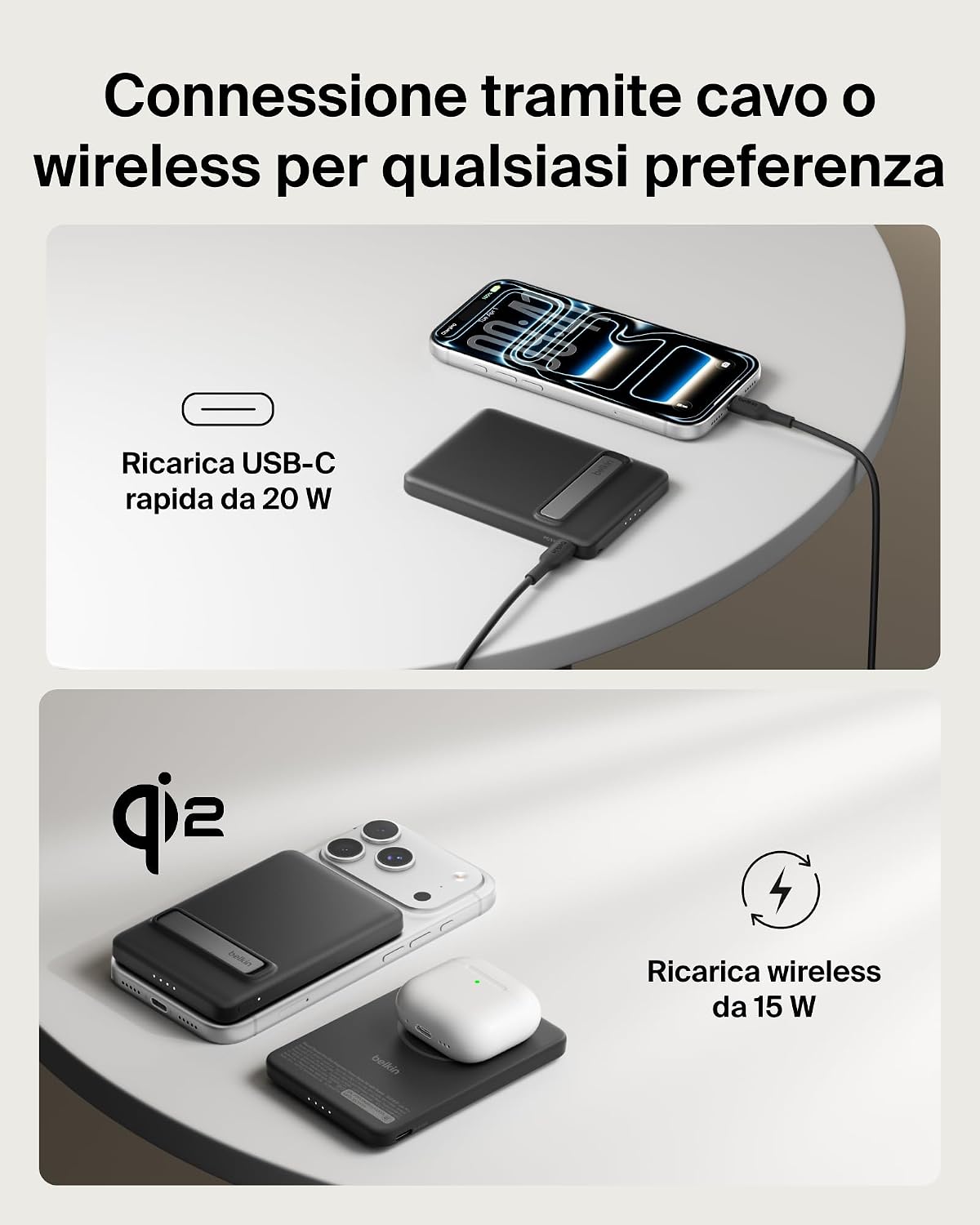 Detalle de Belkin BoostCharge Power Bank Magnetico 5000mAh Qi2 15W con Supporto Estraibile – Caricatore Portatile per iPhone, AirPods e altri dispositivi