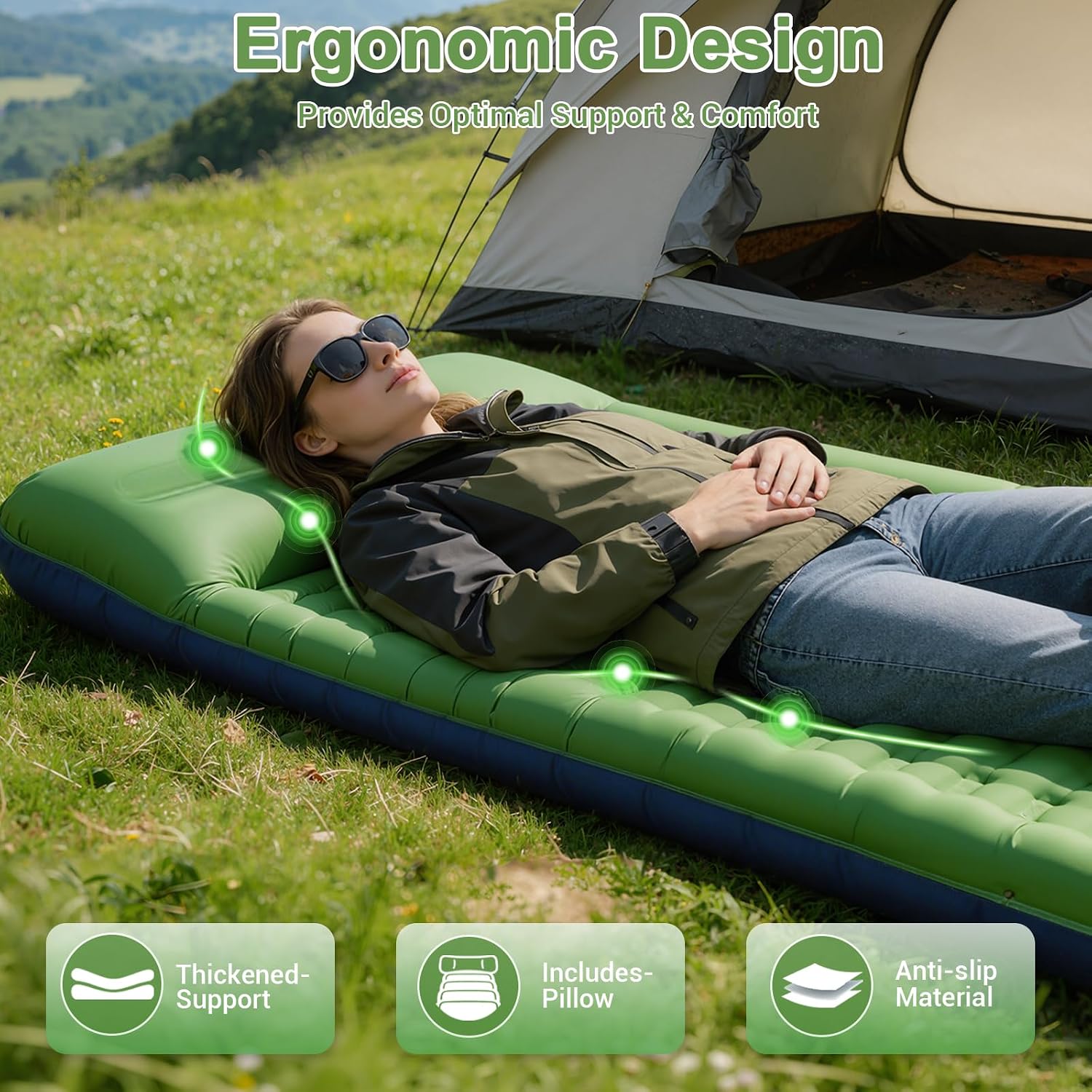 Detalle de JATEKA Materassino Gonfiabile Campeggio Ultra Leggero con Cuscino Integrato 14 cm – 200×65×12 cm