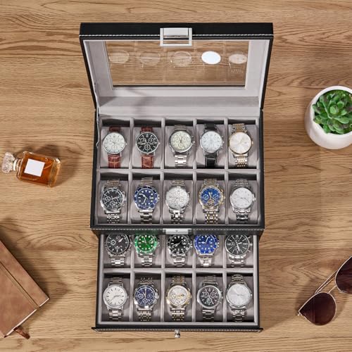 Detalle de BEWISHOME Caja de Relojes ESSH04B: estuche con 20 compartimentos y tapa de cristal