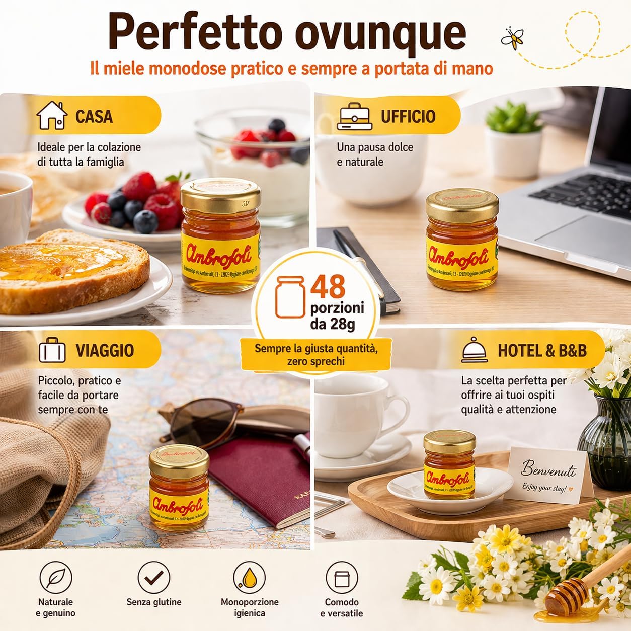 Detalle de Ambrosoli 48 Porzioni Miele di Fiori 28g – Miele Monodose Pratico per Casa, Ufficio e Colazione