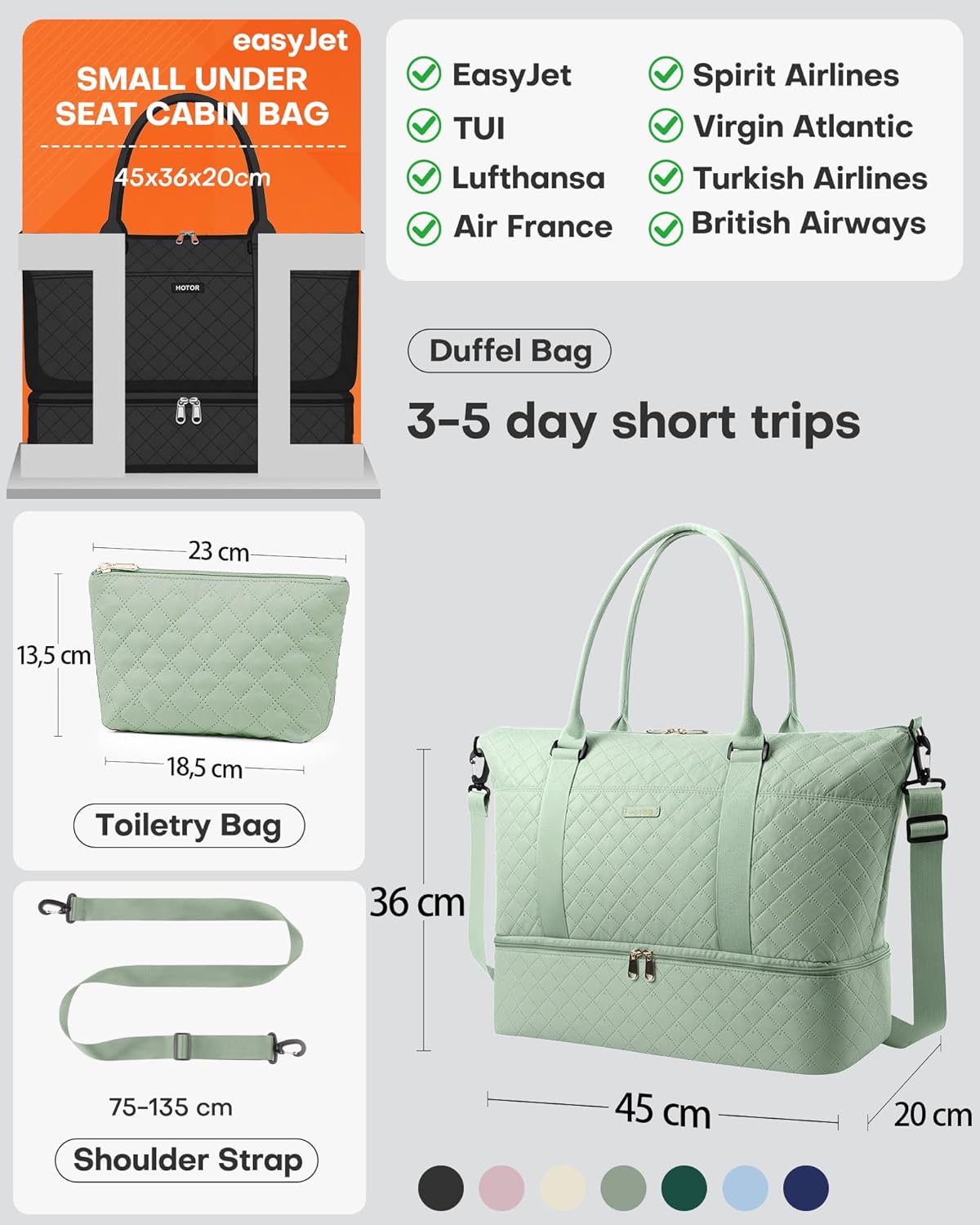 Thumbnail 3 de HOTOR women’s lightweight travel holdall with shoe compartment and toiletry bag (Green) – 34 x 45 x 20 cm