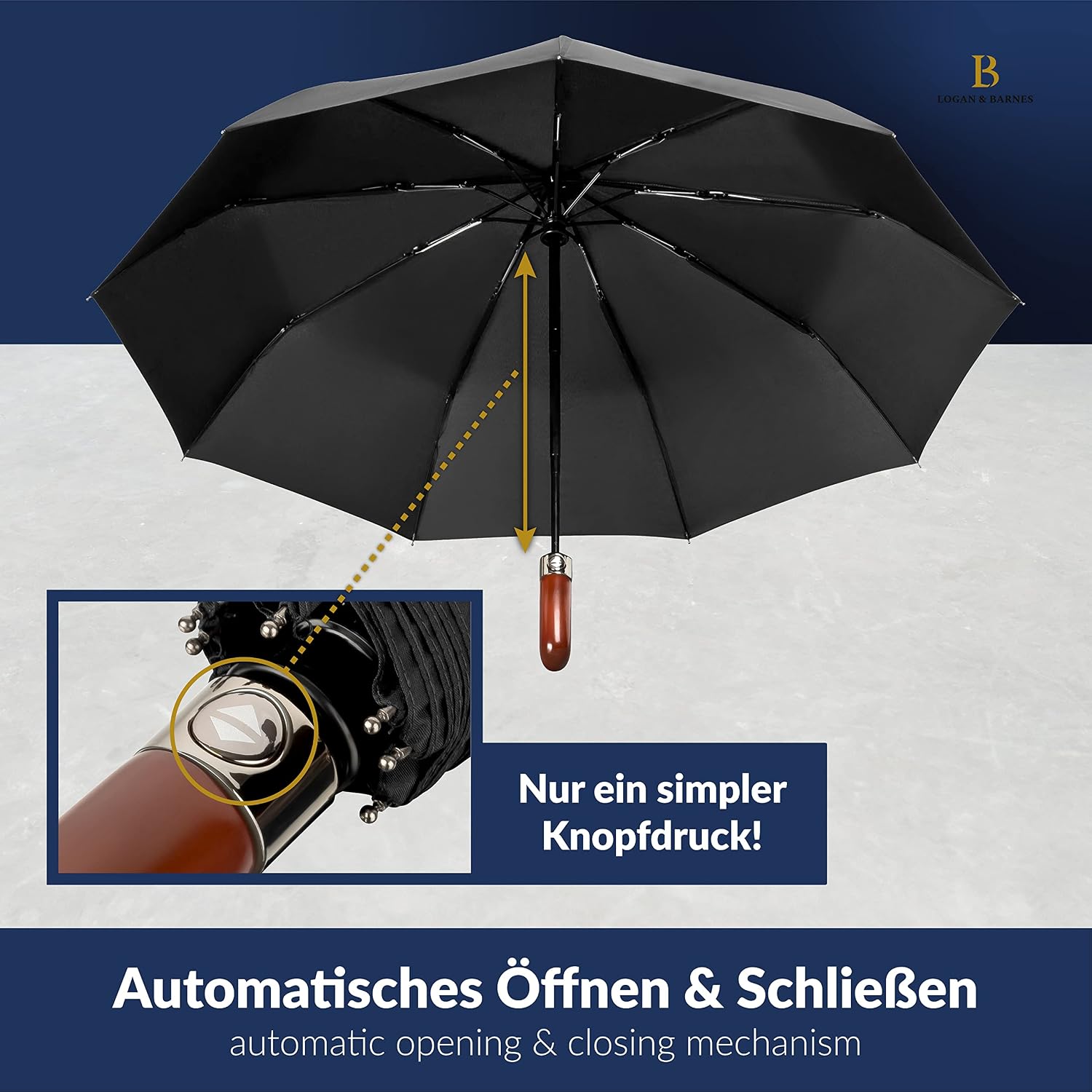 Thumbnail 5 de LOGAN & BARNES Regenschirm Dublin – sturmfest bis 140 km/h, Auf-Zu-Automatik, Taschenschirm mit Holzgriff