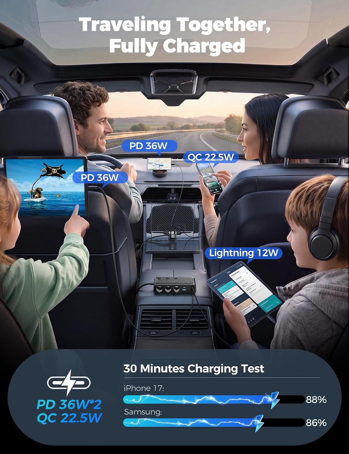 Thumbnail 3 de 227W 9-in-1 Cigarette Lighter Splitter with PD36W*2, QC3.0 Fast Car Charger, Retractable USB-C & Lightning Cables, 31.5in Retractable Cords, and LED Voltage Display