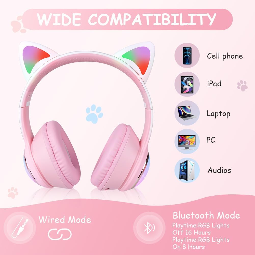 Thumbnail 5 de AXFEE Kinderkopfhörer (Bluetooth 5.3) mit LED Katzenohren – kabellos & mit 3,5-mm-Kabel, inkl. Mikrofon