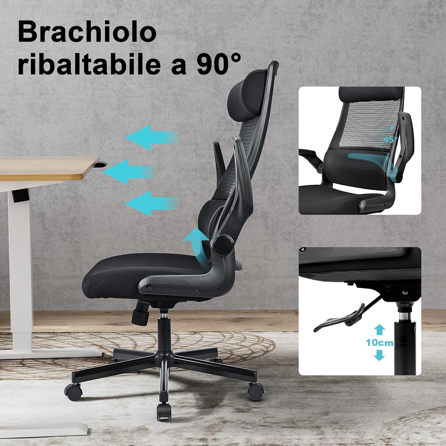 Detalle de MELOKEA Sedia da Ufficio Ergonomica Direzionale con Schienale Alto in Rete – EN1335, Poggiatesta Regolabile