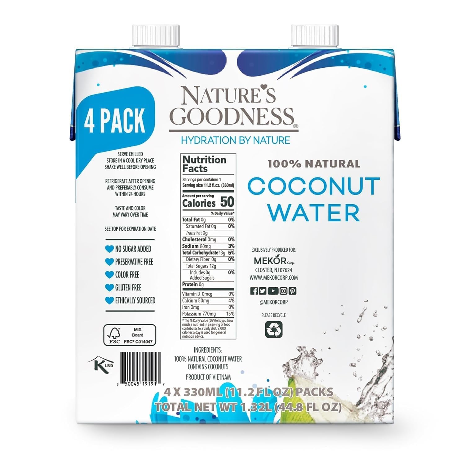Detalle 2 de Nature's Goodness Coconut Water, No Added Sugar, No Pulp, 4-Pack