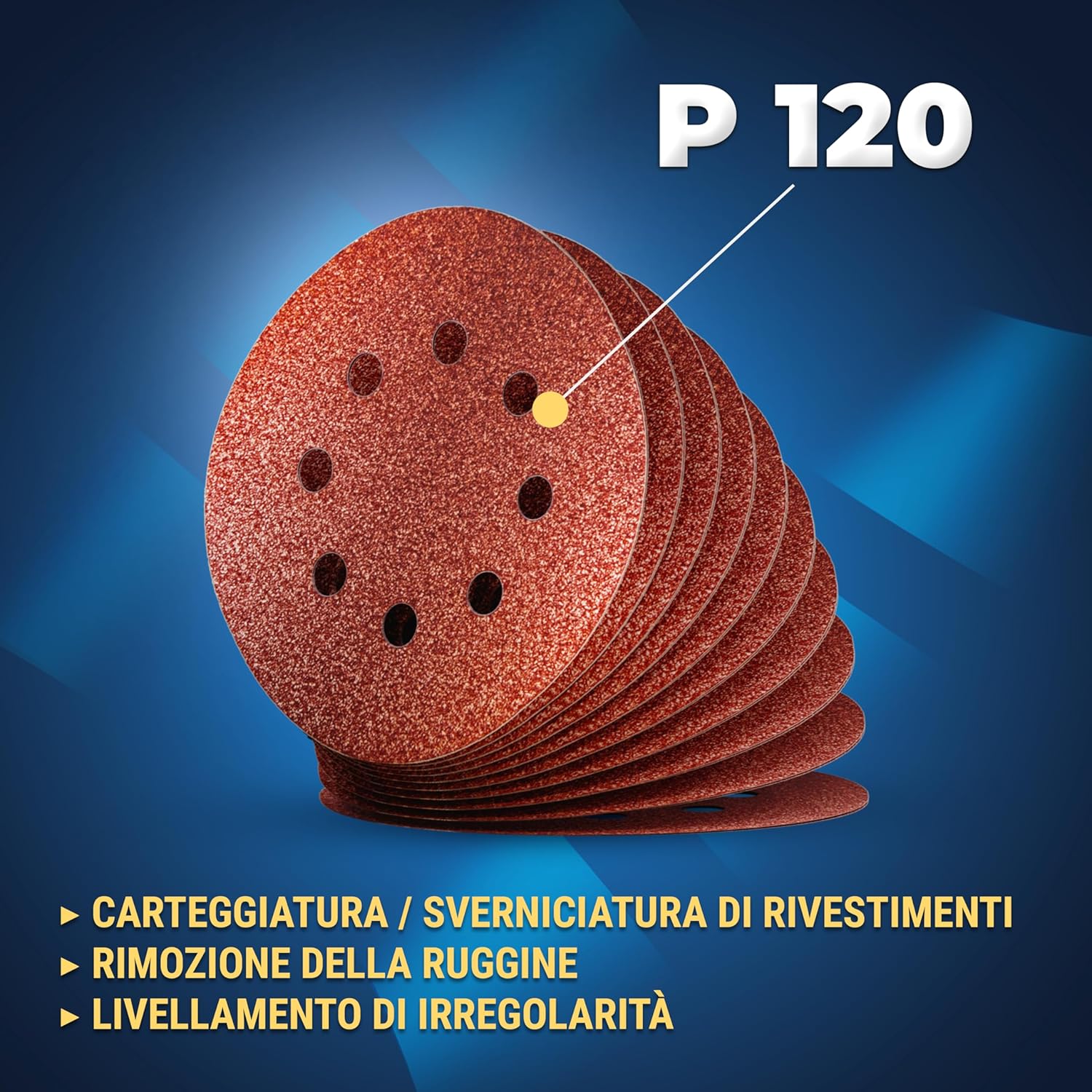 Detalle de S&R 100 Dischi Abrasivi 125mm Velcrati – Grana 120 per Levigatrice Orbitale, 8 fori, 100 pezzi