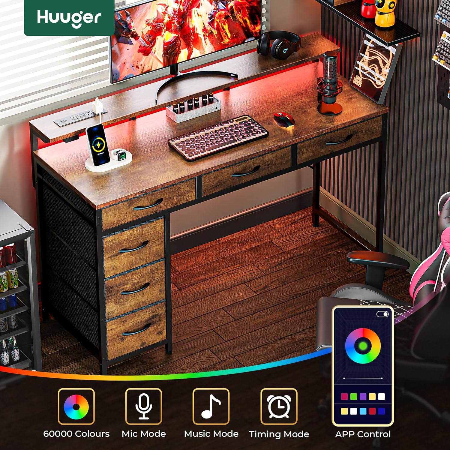 Detalle 2 de Huuger 7990FC Gaming Desk with 6 Drawers, RGB Lighting and Power Outlets