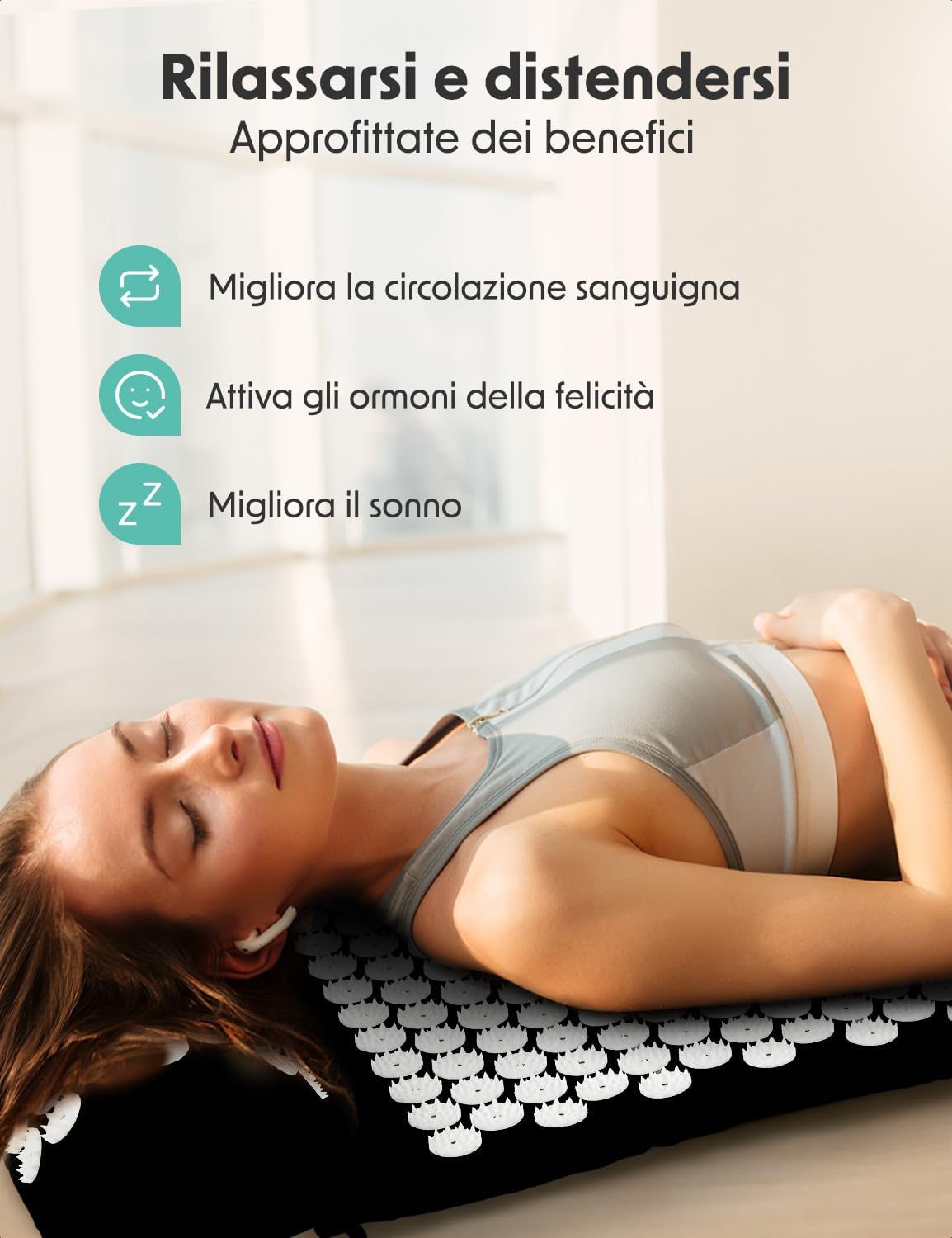 Detalle de LifeGoods Tappetino Agopressione Mysa bianco e nero con cuscino e sfere massaggianti