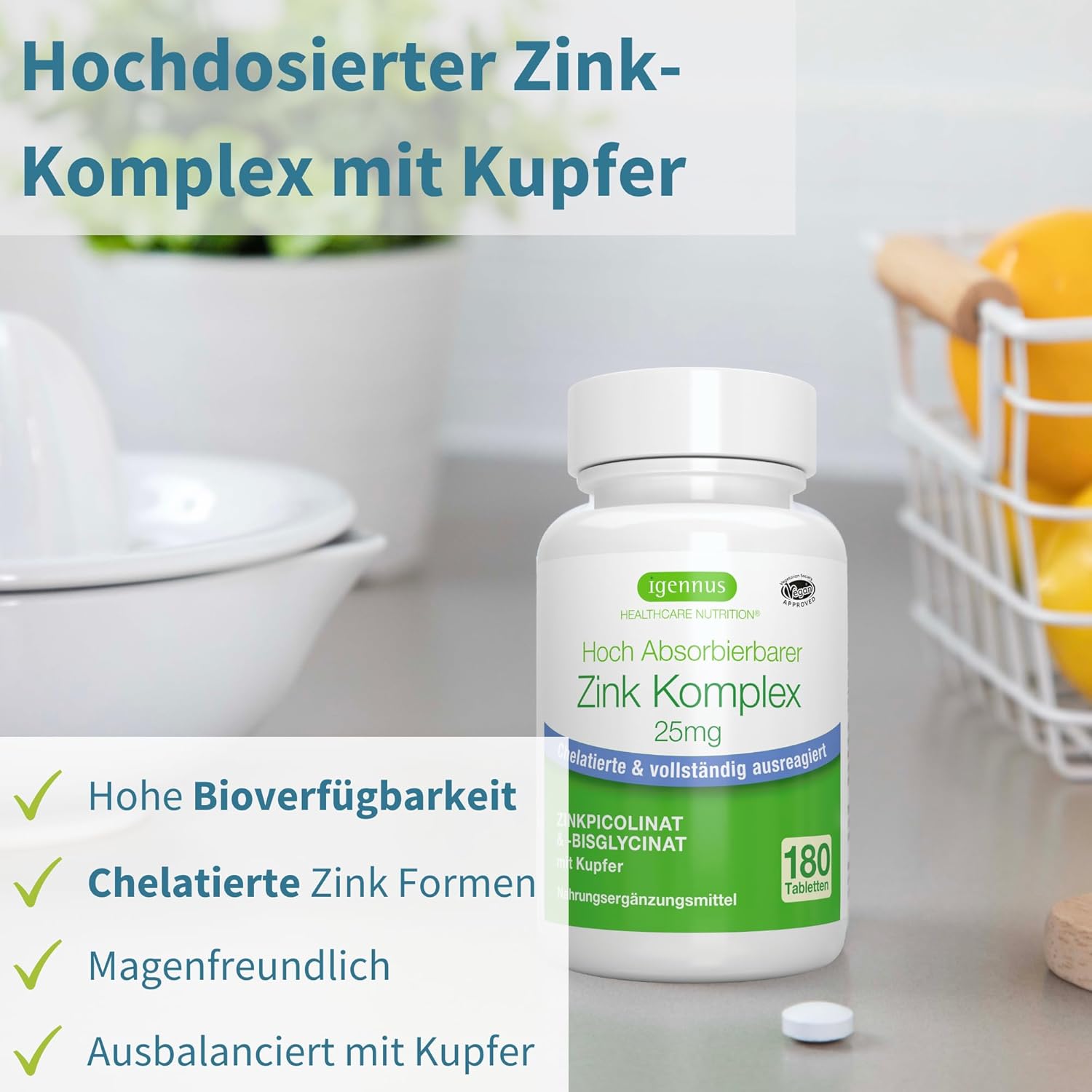 Detalle 2 de Zink Chelat 25 mg von Igennus – Hochdosierte Zinktabletten mit Kupfer, Bisglycinat & Picolinat