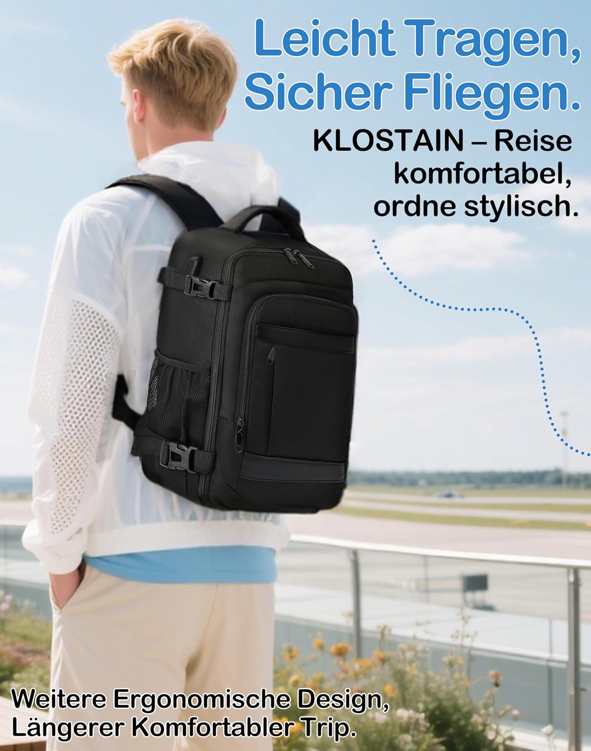 Detalle 2 de KLOSTAIN Handgepäck-Rucksack 40 x 30 x 20 cm (24 l) für Ryanair & EasyJet, Laptop-Reise-Rucksack Schwarz