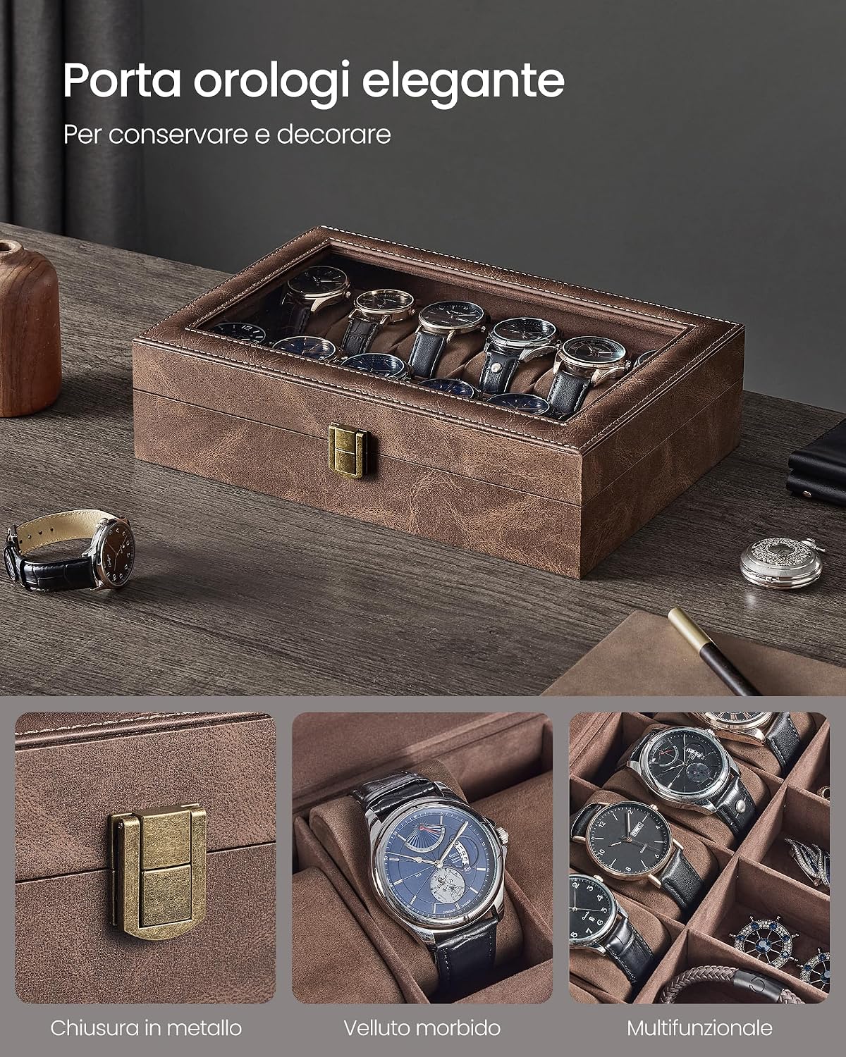 Detalle de SONGMICS Porta Orologi a 12 Posti JWB120KQ02 – Scatola portaorologi con coperchio in vetro e cuscini rimovibili