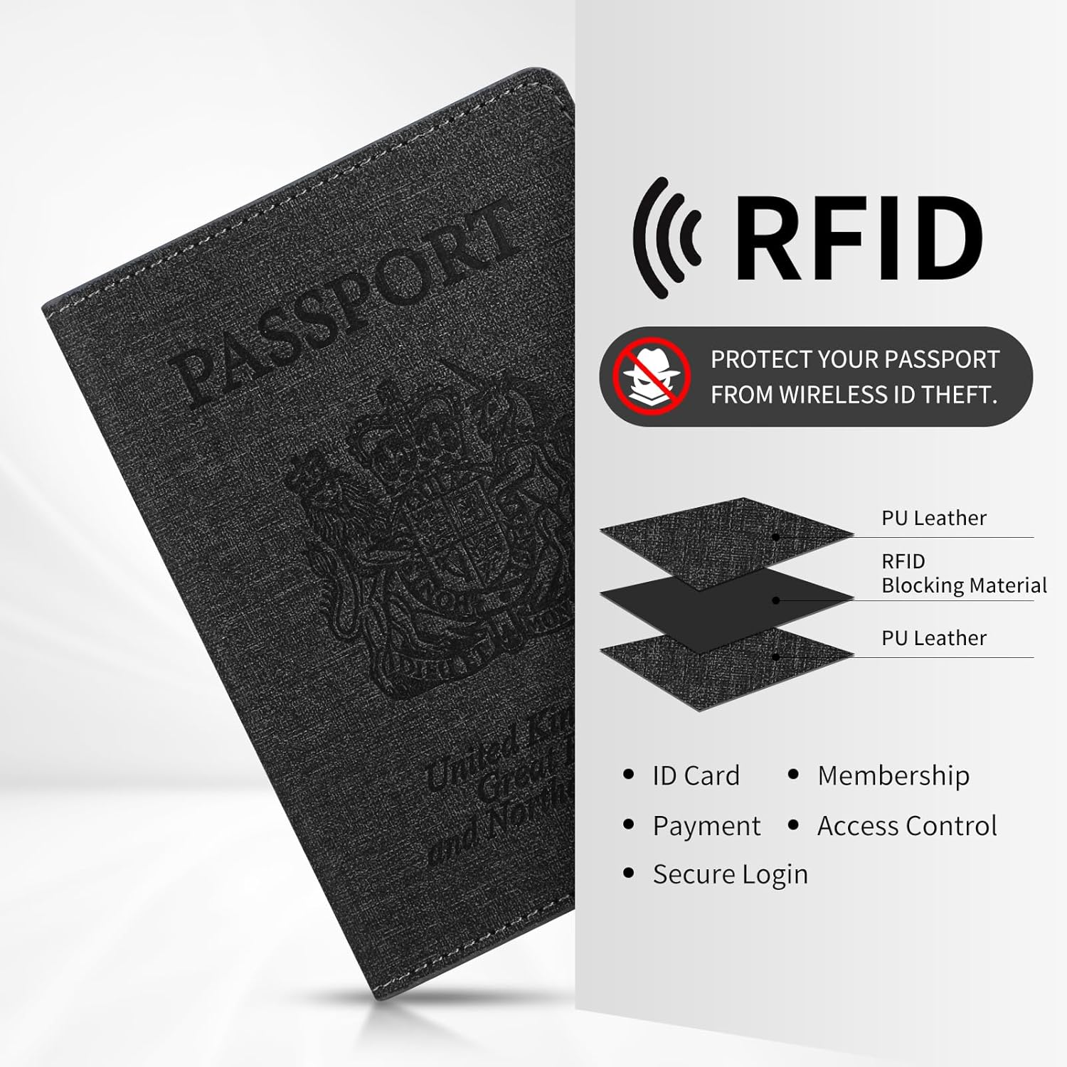 Detalle de Cinocratic RFID Blocking Passport Holder Cover & Travel Wallet (Black) – PU Leather organiser
