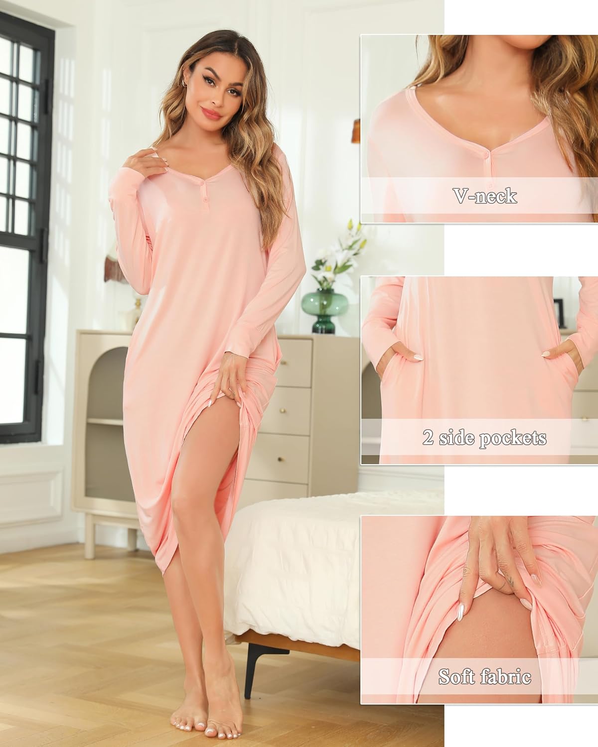 Thumbnail 2 de Vlazom Damen Nachthemd Langarm mit V-Ausschnitt – weiches Schlafkleid, Spitzenbesatz, elastisch