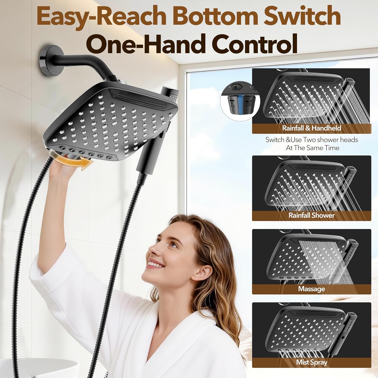 Detalle de JDO Z16002-MB Dual Shower Head Combo, 10-Inch Rainfall, 7 Modes, Matte Black