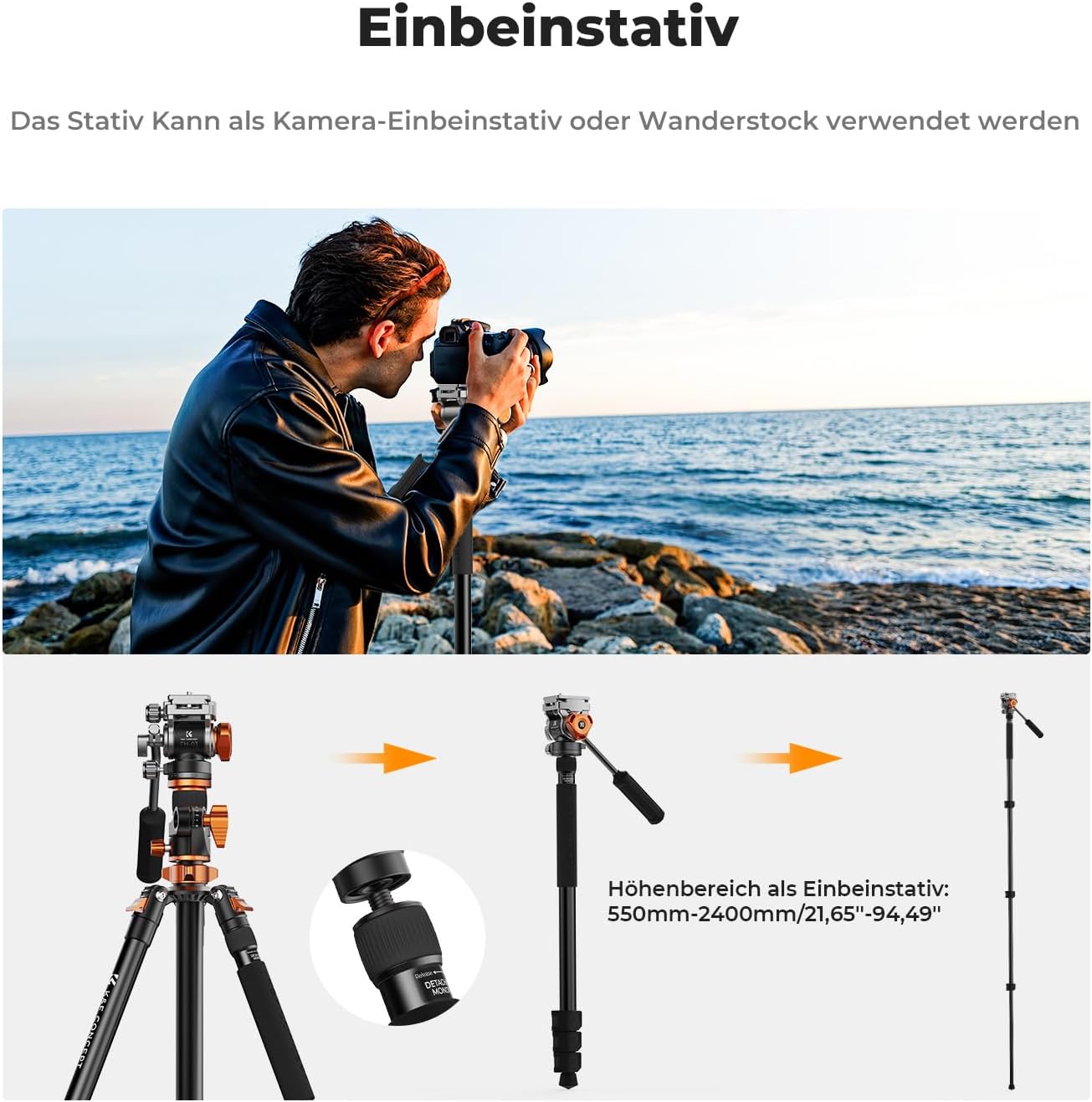Detalle 2 de K&F CONCEPT Videostativ Fluidkopf, 231 cm