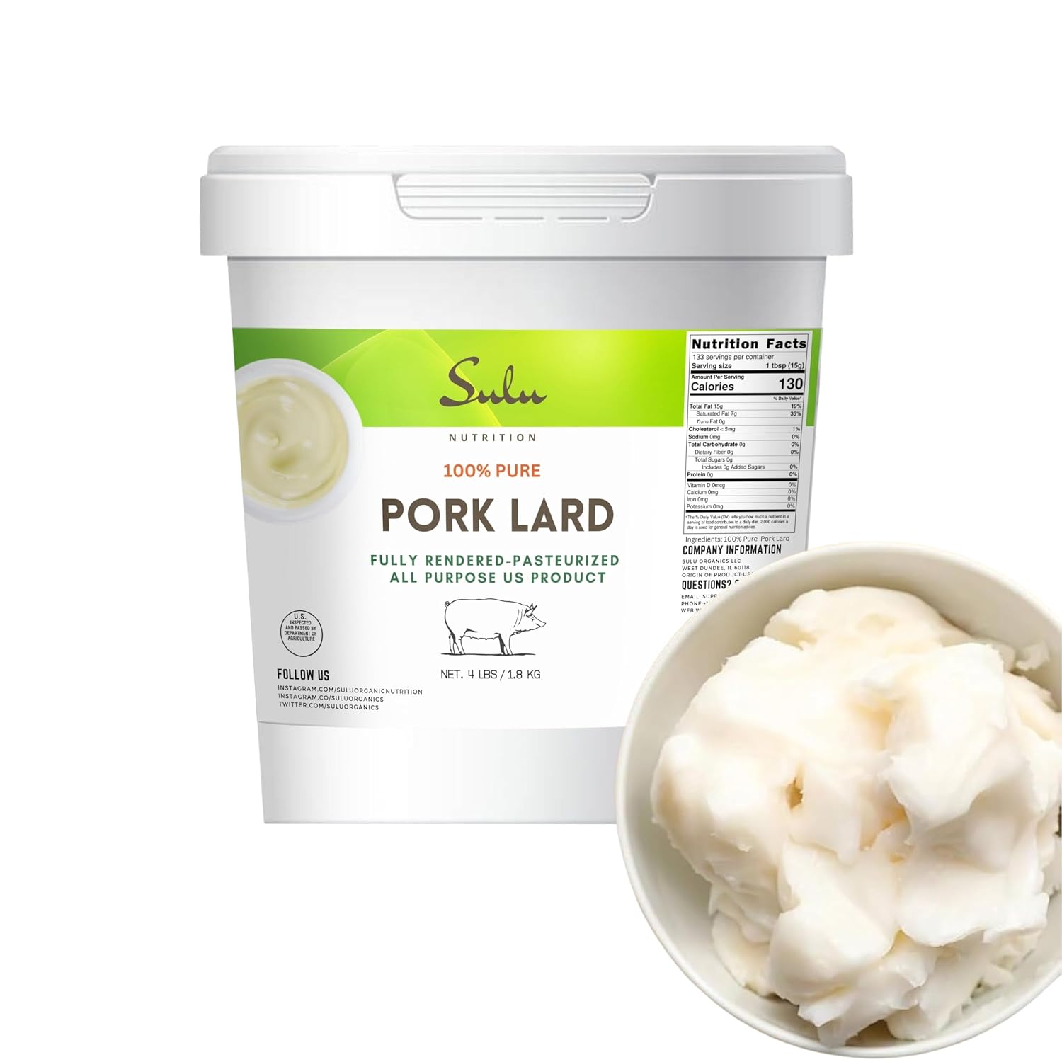 Detalle de SULU ORGANICS 4 LBS Fully Rendered Pork Lard for Frying and Baking
