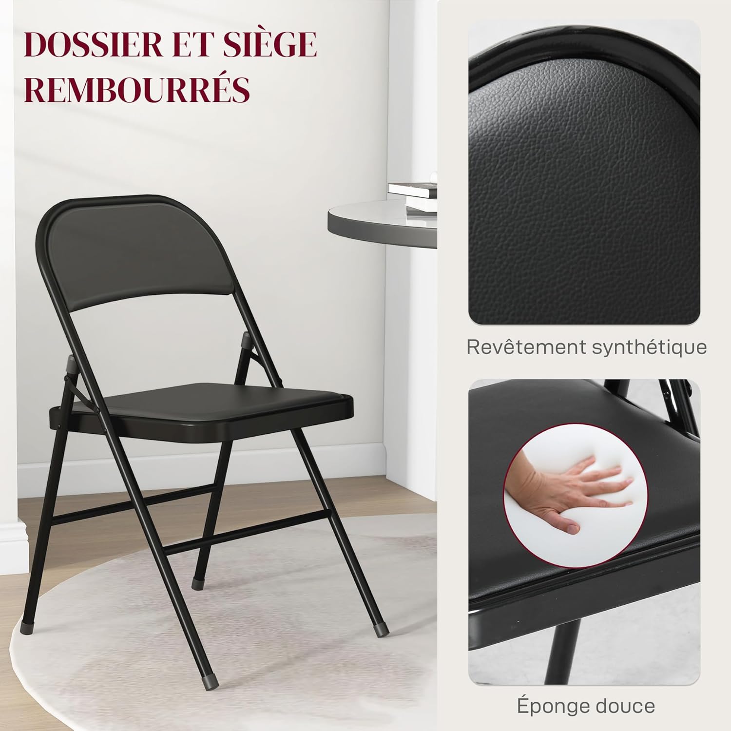 Detalle de HOMCOM Lot de 2 chaises pliantes d’intérieur pour salle à manger (45 x 46 x 78 cm) – Cadre acier, coussin synthétique, noir