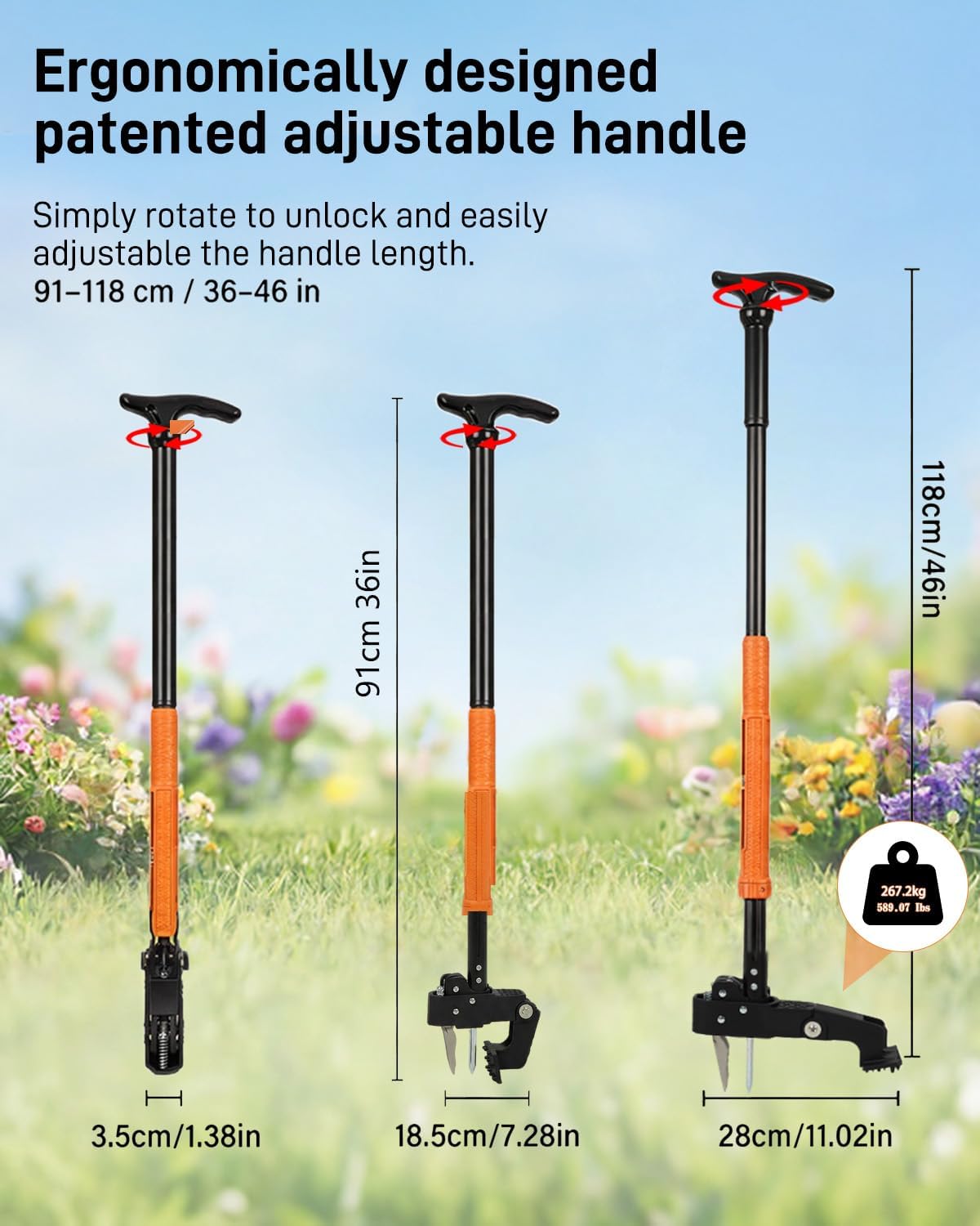Detalle de FAUETI Weed Puller: Adjustable Stand-Up Weeding Tool with Ejector, 4-Claw Root Remover and 50L Leaf Bag