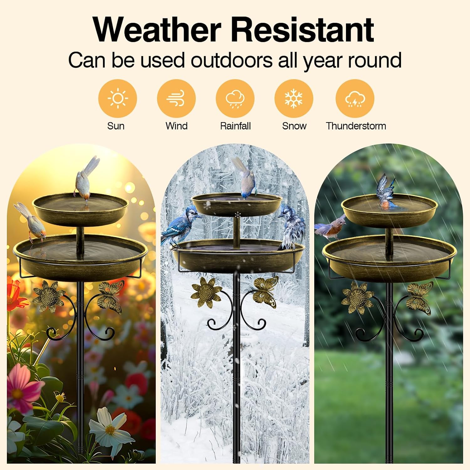 Detalle 2 de Metal Bird Bath for Outside, 42In Double Vintage Freestanding Birdbaths & Birdfeeder (Antique Golden)