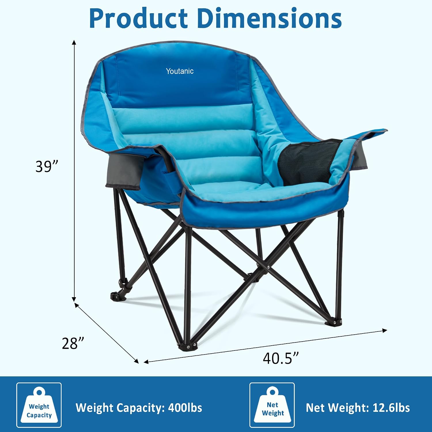 Detalle de Youtanic Oversized Camping Chair: Heavy-Duty Portable Folding Chair for Adults