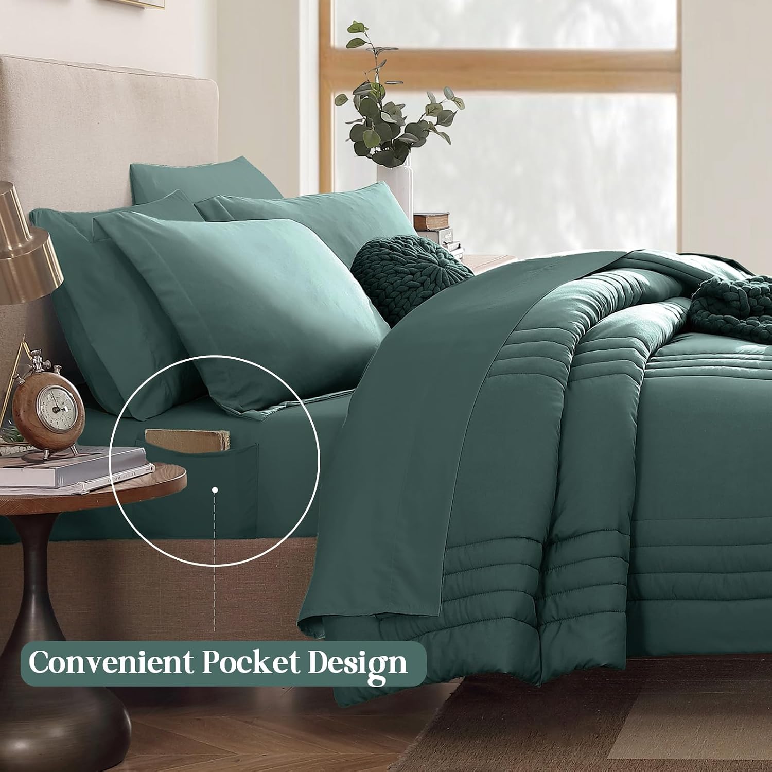 Detalle de Monbix Queen Comforter Set, 7-Piece Blue Green Bedding with All-Season Comforter