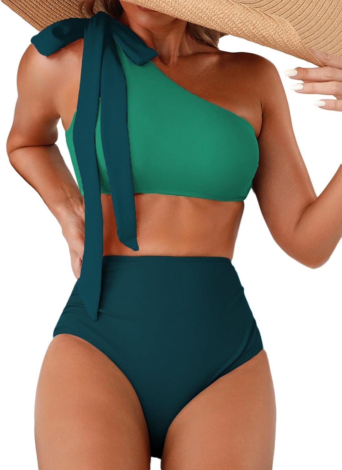 Detalle de Herseas Women’s One-Bow One-Shoulder Ruched Bikini Set (2-Piece)