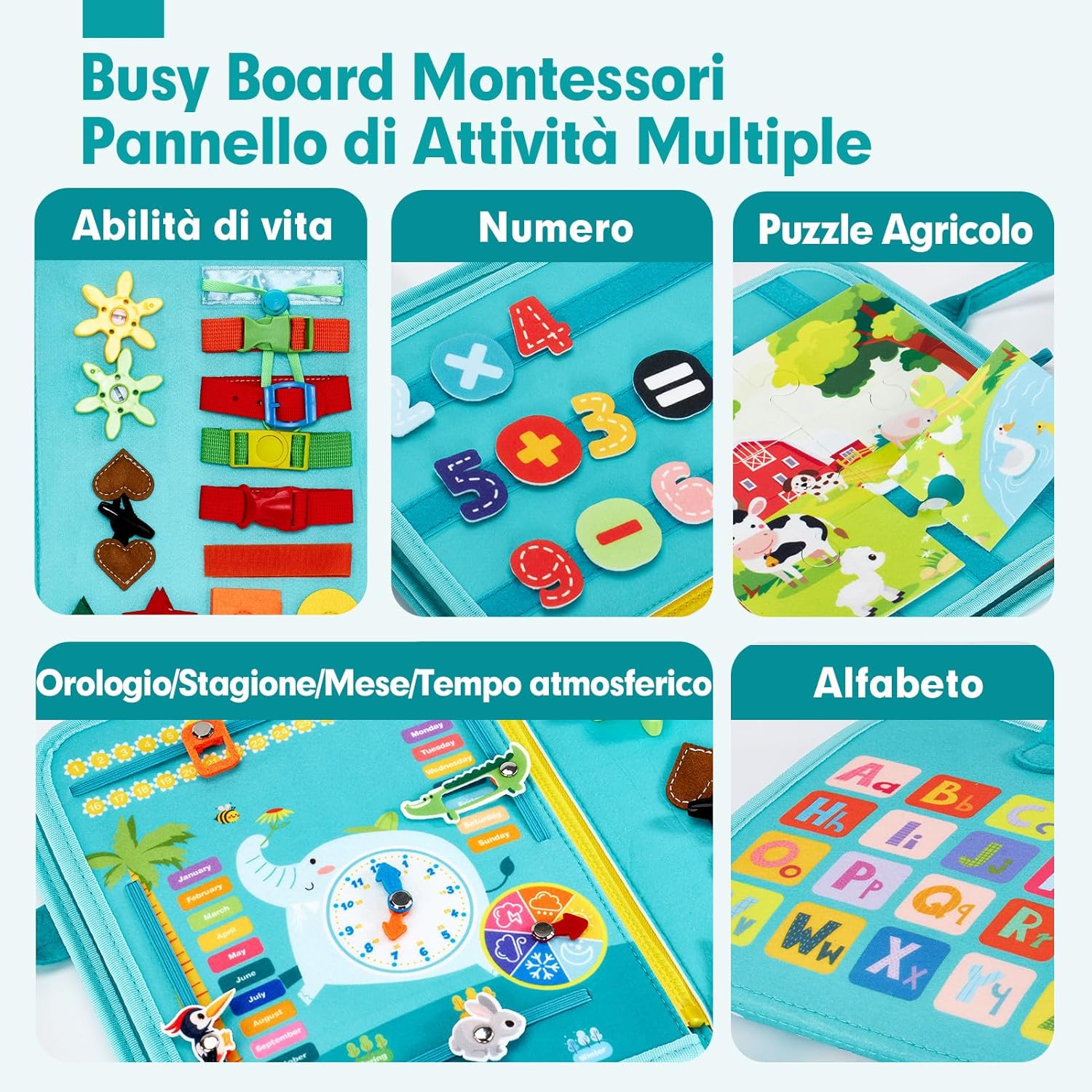 Detalle de hahaland Montessori Busy Board di Feltro – Pannello Sensoriale 9 in 1 per bambini 2–3 anni