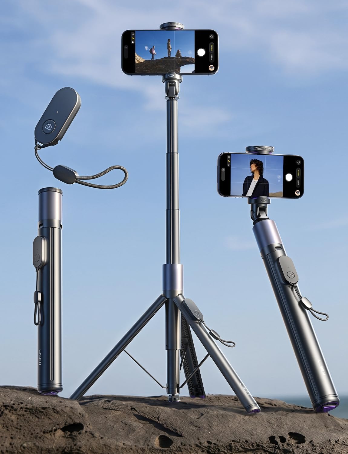 Detalle de LISEN 67" Phone Tripod for iPhone & Android with Self-Deploying Selfie Stick, Remote, and 1/4-20 Thread