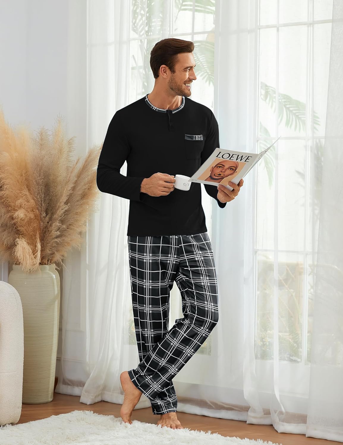 Detalle de Atforna Schlafanzug Herren Lang Karierten Pyjama Set – Zweiteiliges Baumwoll-Set für Herbst und Winter