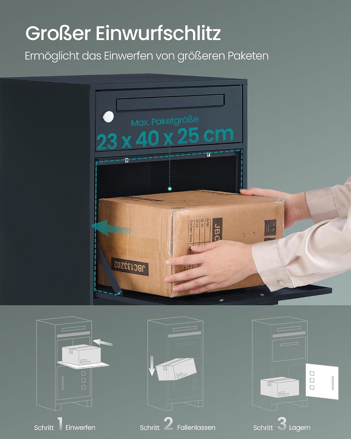 Detalle de SONGMICS Paketbox GMB091GZ01 – Paketbriefkasten mit Paketfach, 55 L, Stahl anthrazit
