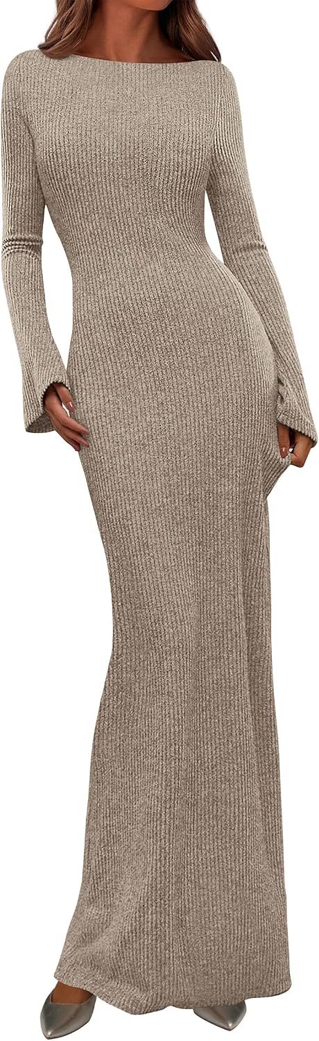 Detalle de PRETTYGARDEN Ribbed Long-Sleeve Maxi Dress for Women
