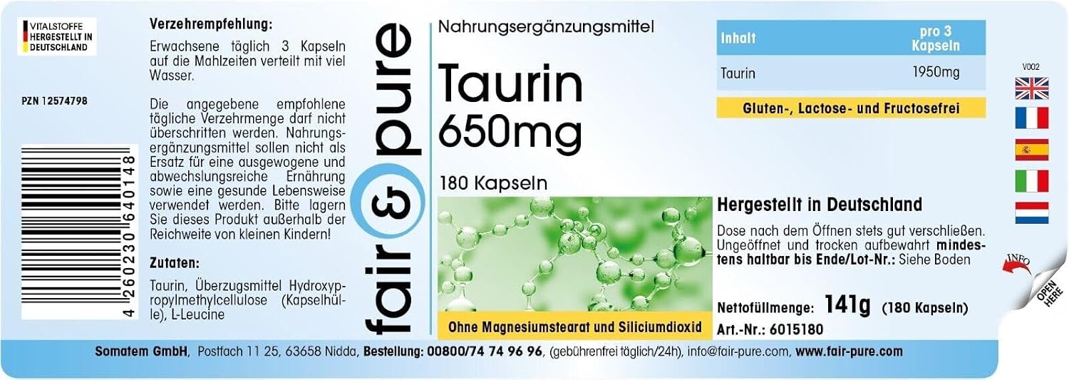 Detalle 2 de Fair & Pure Taurin 650mg – Hochdosierte Vegane Taurin-Kapseln, 180 Stück, hergestellt in Deutschland