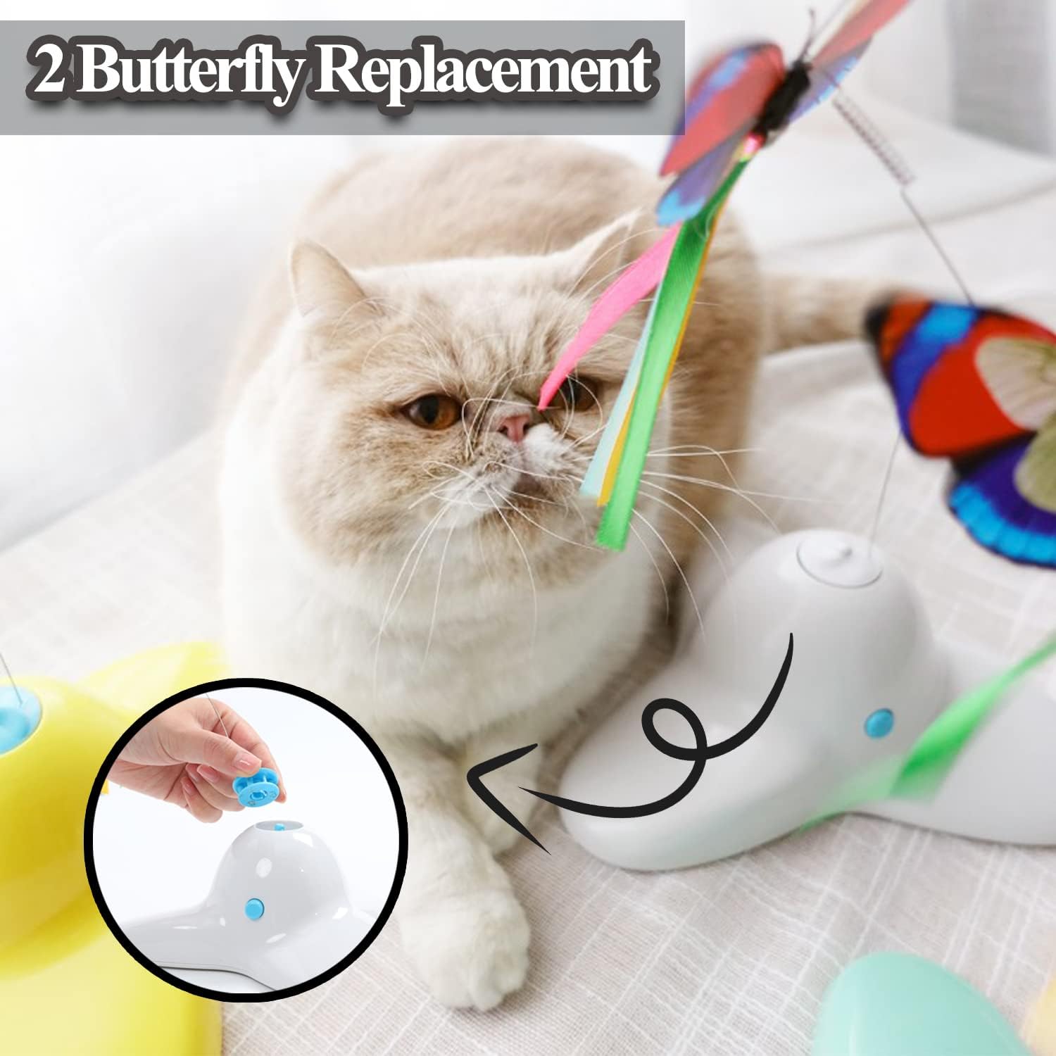 Detalle de Vealind interactive smart cat feather toy with 360° rotating butterfly (cream white) for indoor play